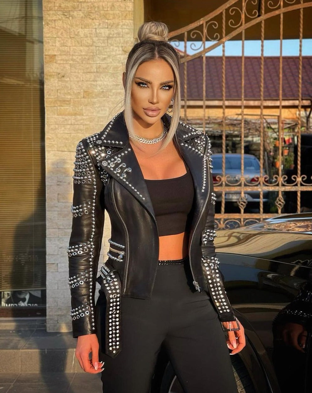 Edgy Black Leather Jacket - MALIHA BLACK"