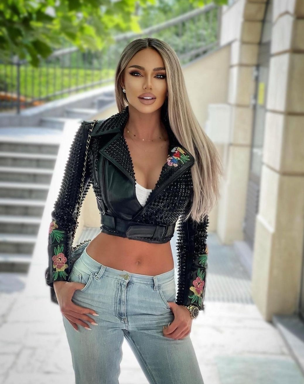 ISLA BLACK Stylish Leather Jacket with Parrot Embroidery