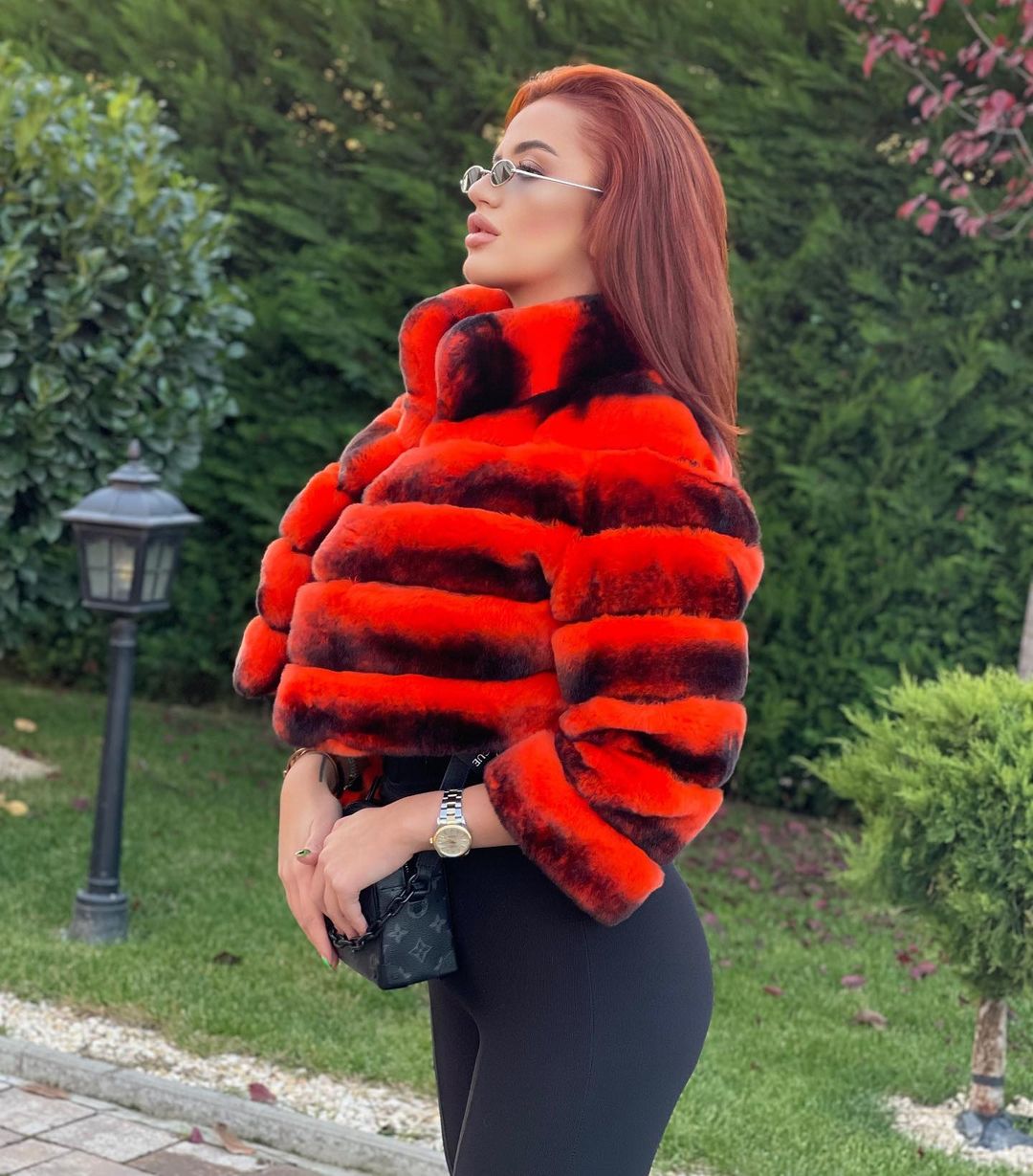 Side of REA RED Chinchilla Rex Waist Line Coat