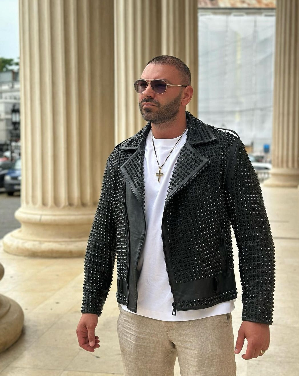 AZIZ Men's Luxurious Handcrafted Black Leather Jacket with Black Studs