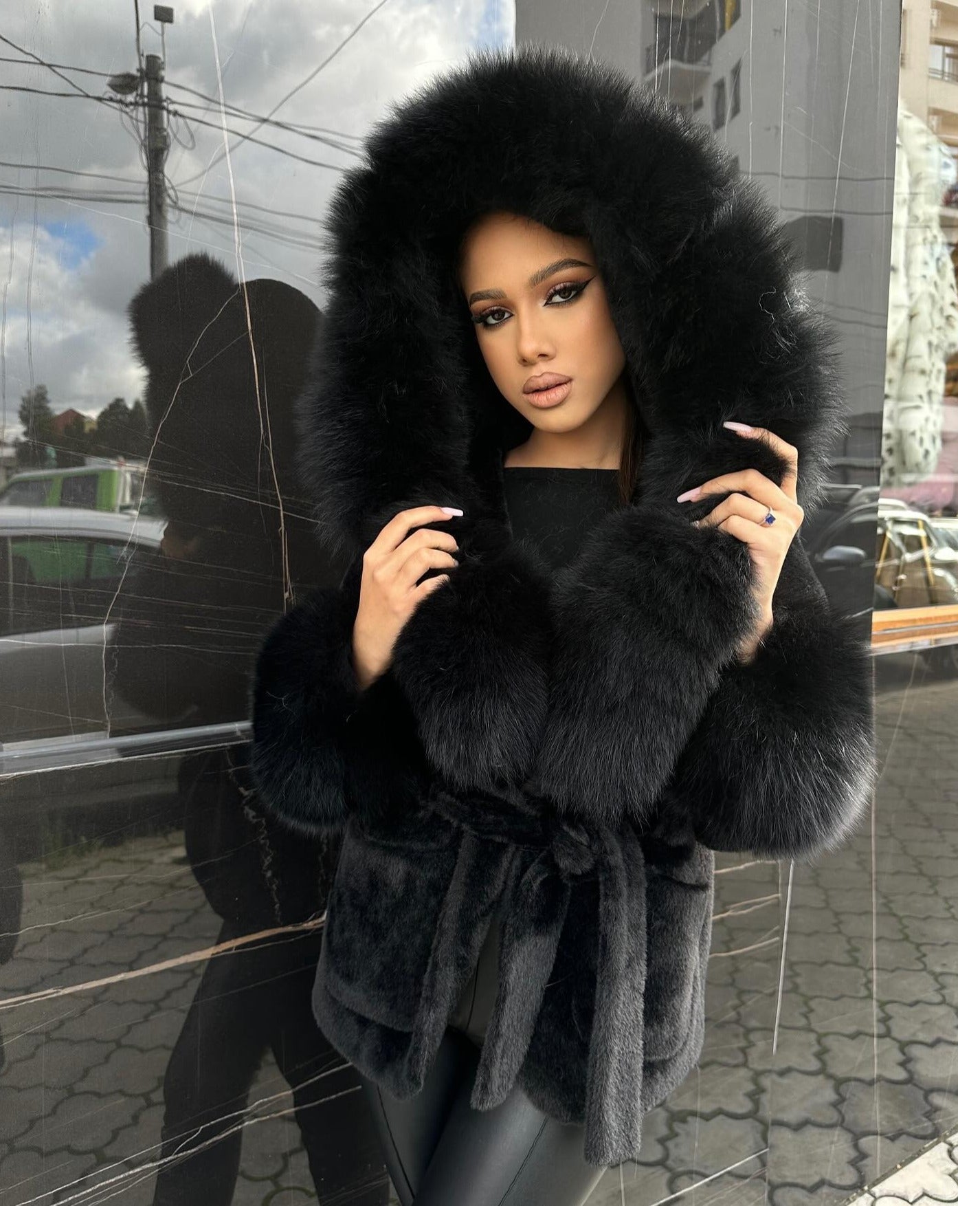 BLACK FUR COAT WITH FOX FUR HOODIE