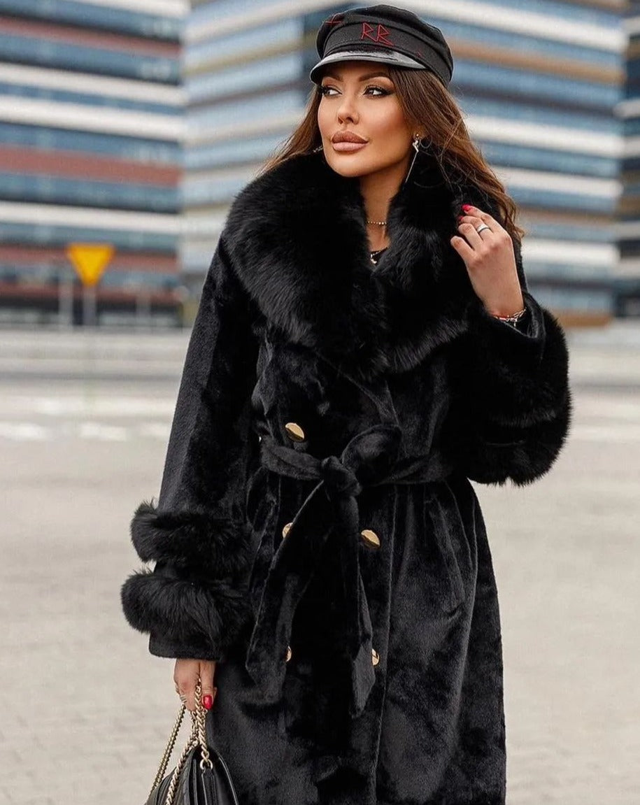 Model in ELIDA Luxurious Black Alcantara Fur Coat with Fox Fur Collar and Cuffs