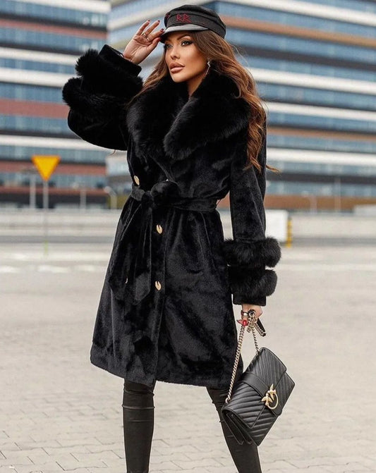 ELIDA Luxurious Black Alcantara Fur Coat with Fox Fur Collar and Cuffs