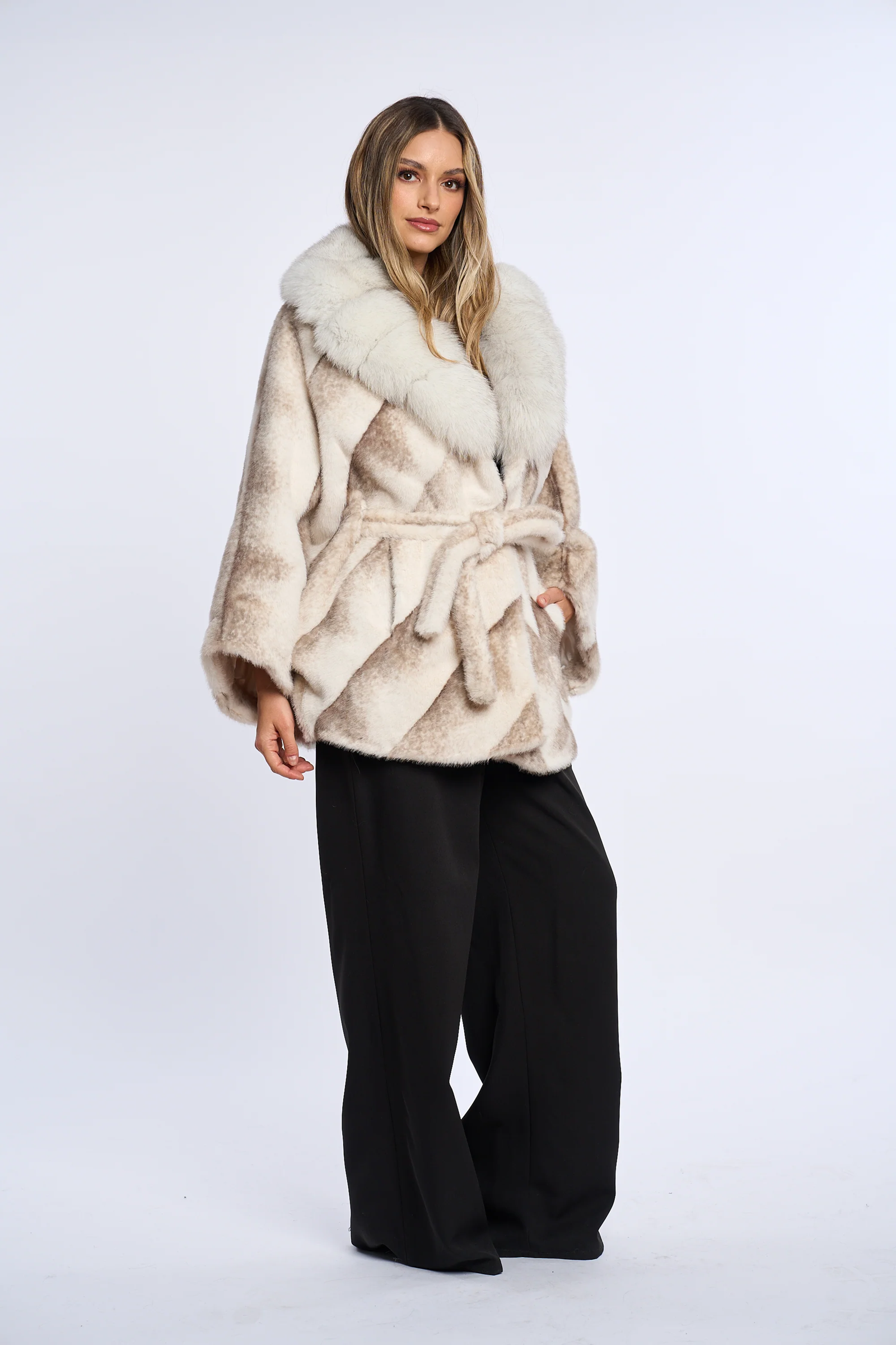 Vanessa Ivory Sand Alcantara Fur Coat