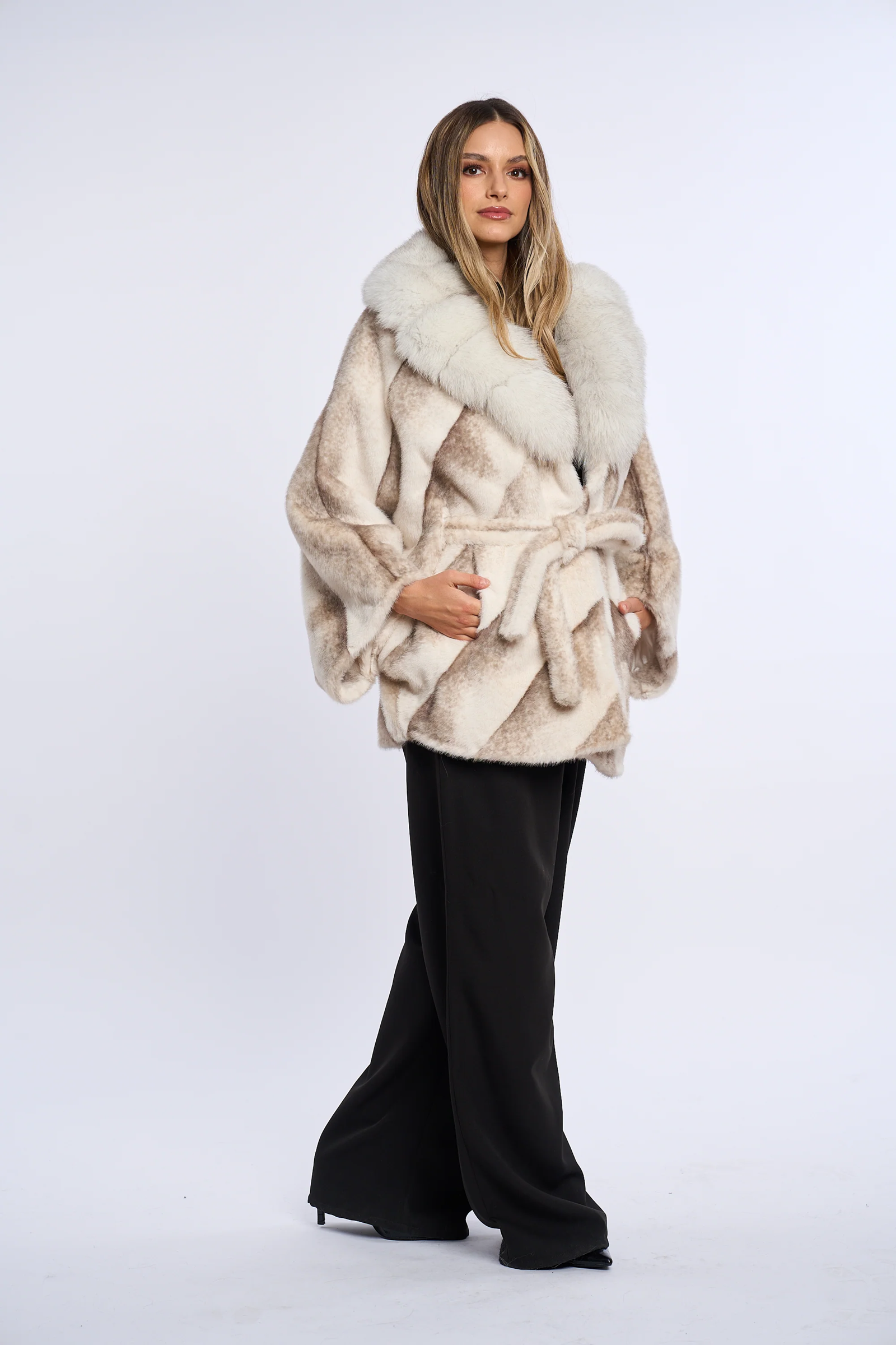 Vanessa Ivory Sand Alcantara Fur Coat