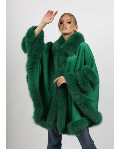 LILIAN Green Cape with fox fur trim