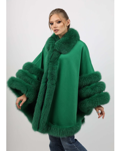 LILIAN Green Cape with fox fur trim