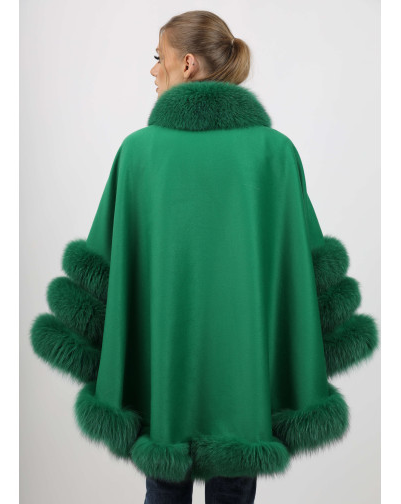 LILIAN Green Cape with fox fur trim back