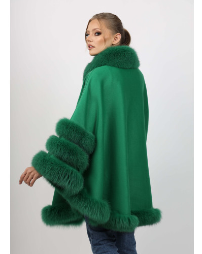 LILIAN Green Cape with fox fur trim back