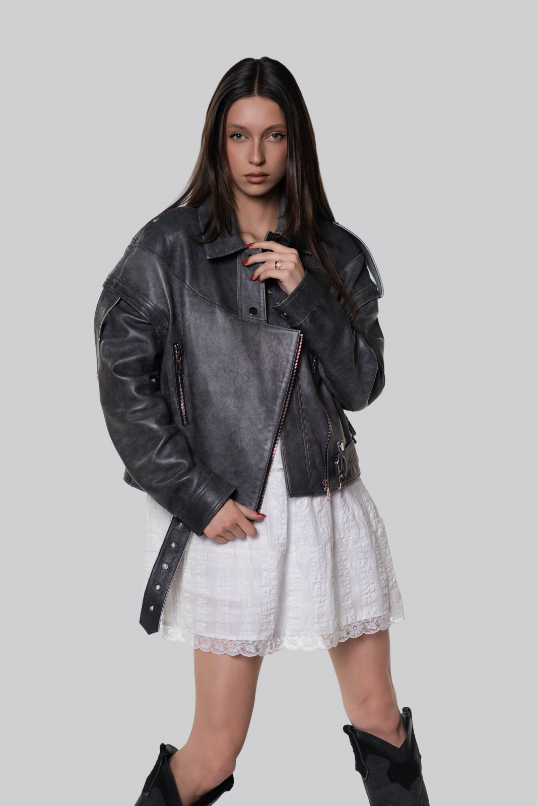 Ysabella Grey Leather Jacket