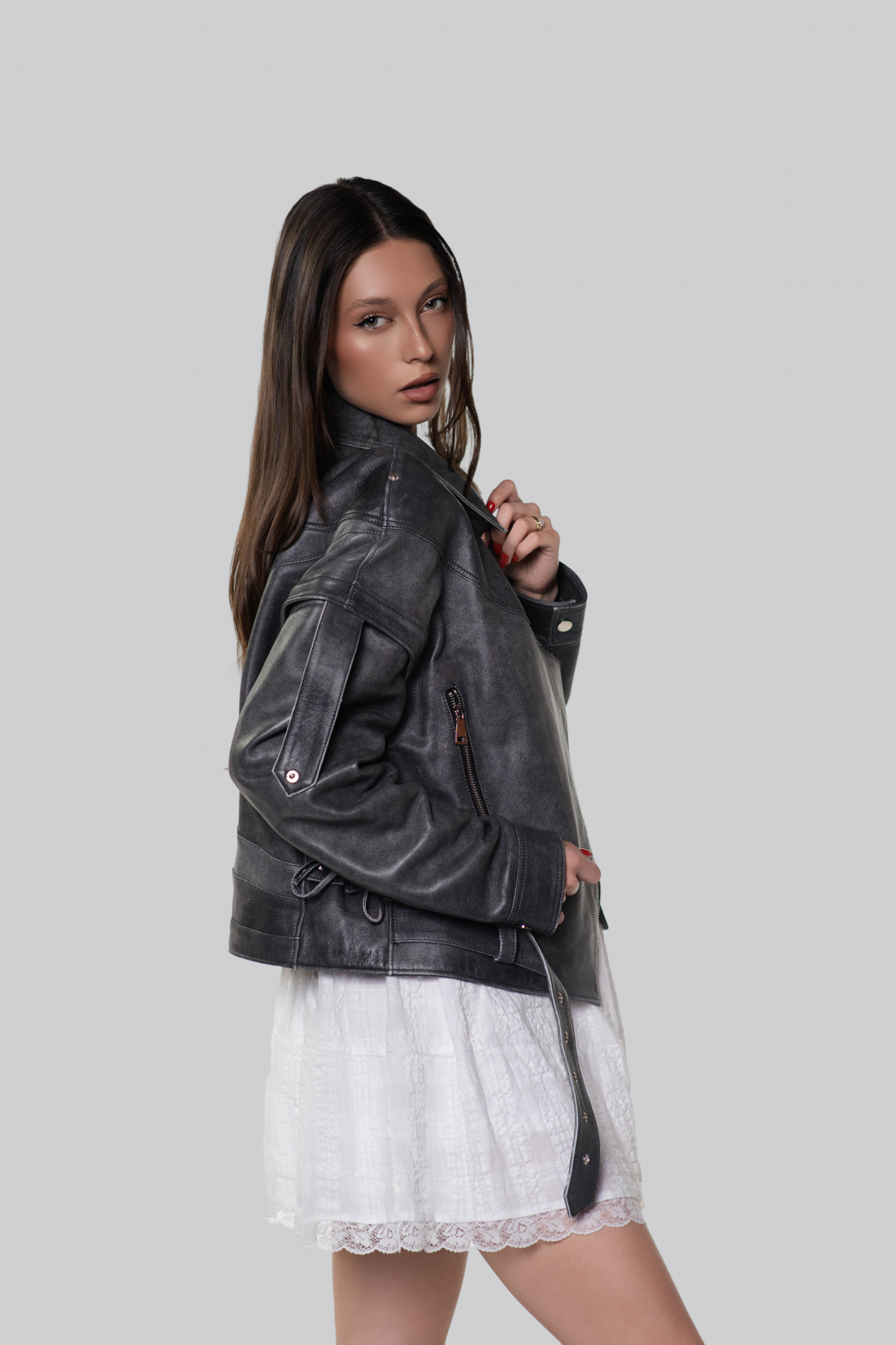 Ysabella Grey Leather Jacket