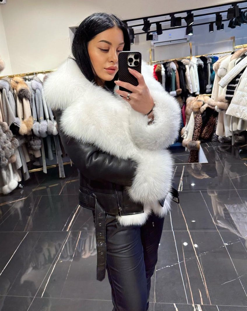 PIETRA BLACK Luxurious Shearling Jacket with White Fox Fur