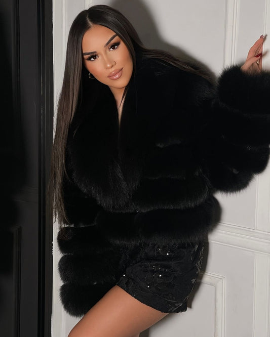 Giselle black fox fur jacket, embodying elegance and luxury 