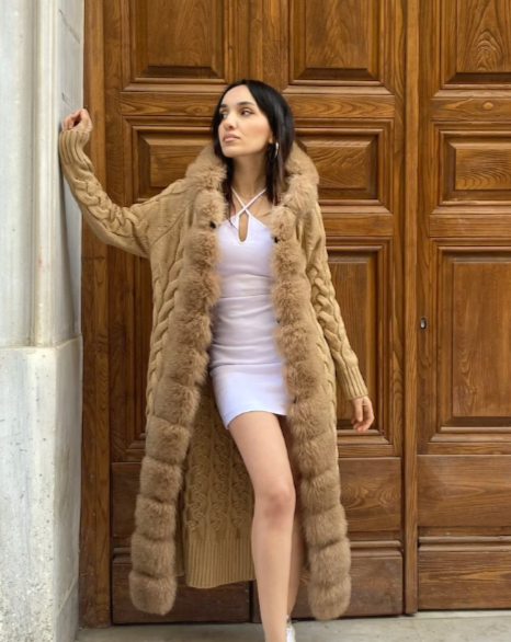 ARIA BEIGE Knitted Fox Fur Cardigan