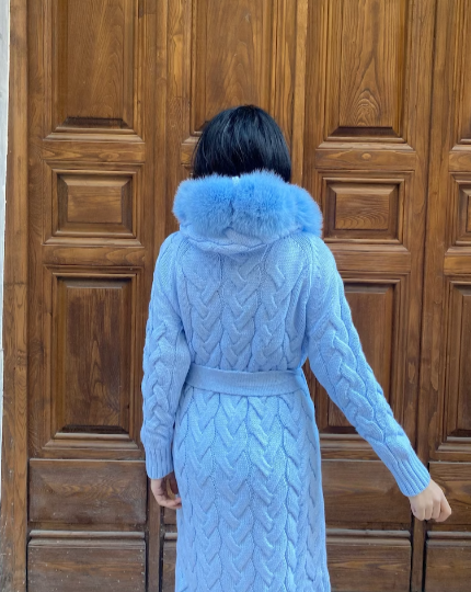 ARIA BLUE Knitted Fox Fur Cardigan
