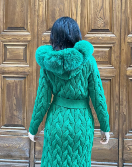 ARIA GREEN Knitted Fox Fur Cardigan