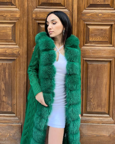 ARIA GREEN Knitted Fox Fur Cardigan