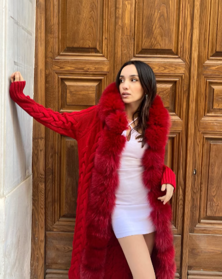 ARIA RED Knitted Fox Fur Cardigan