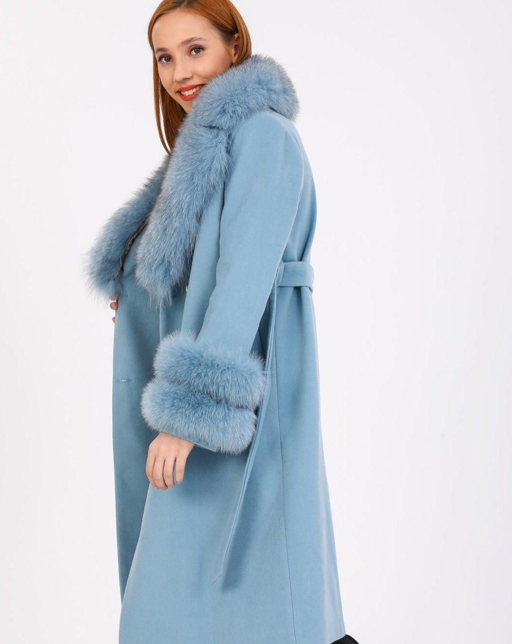Side of Sophisticated GLORIA LIGHT BLUE Coat with Customizable Fox Fur Details