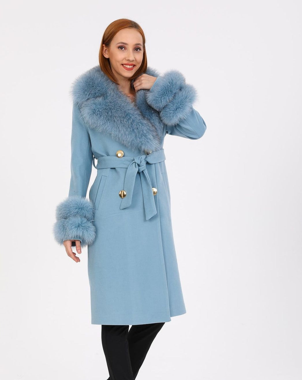 Elegant GLORIA LIGHT BLUE Coat with Luxurious Fox Fur Collar and Cuffs