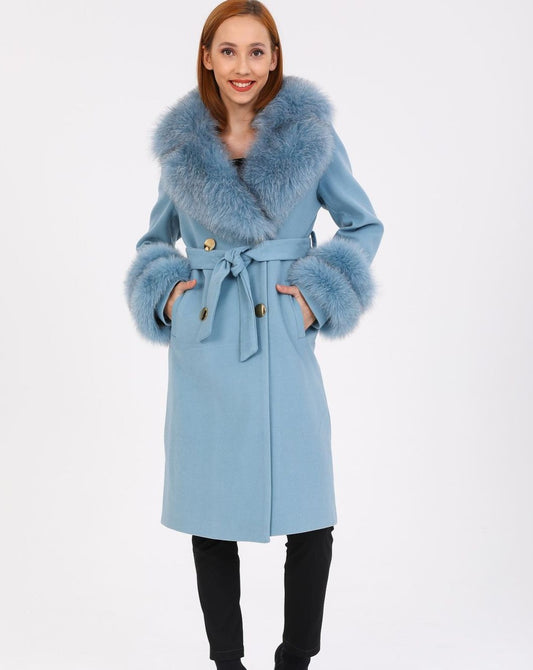 GLORIA LIGHT BLUE Cashmere Coat with Detachable Fox Fur Accents