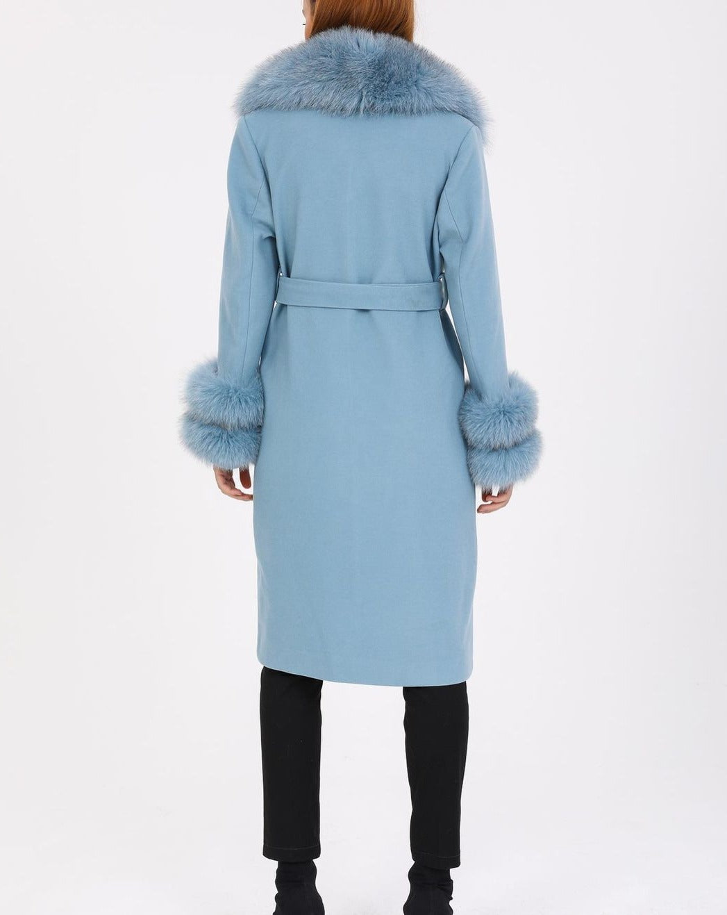 Back of Sophisticated GLORIA LIGHT BLUE Coat with Customizable Fox Fur Details