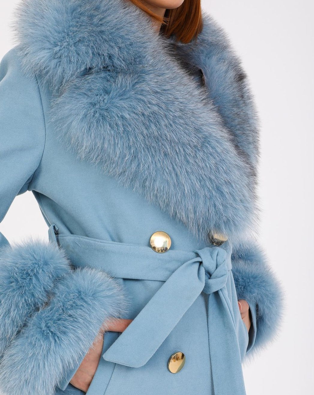 close up of GLORIA LIGHT BLUE Cashmere Wool Coat