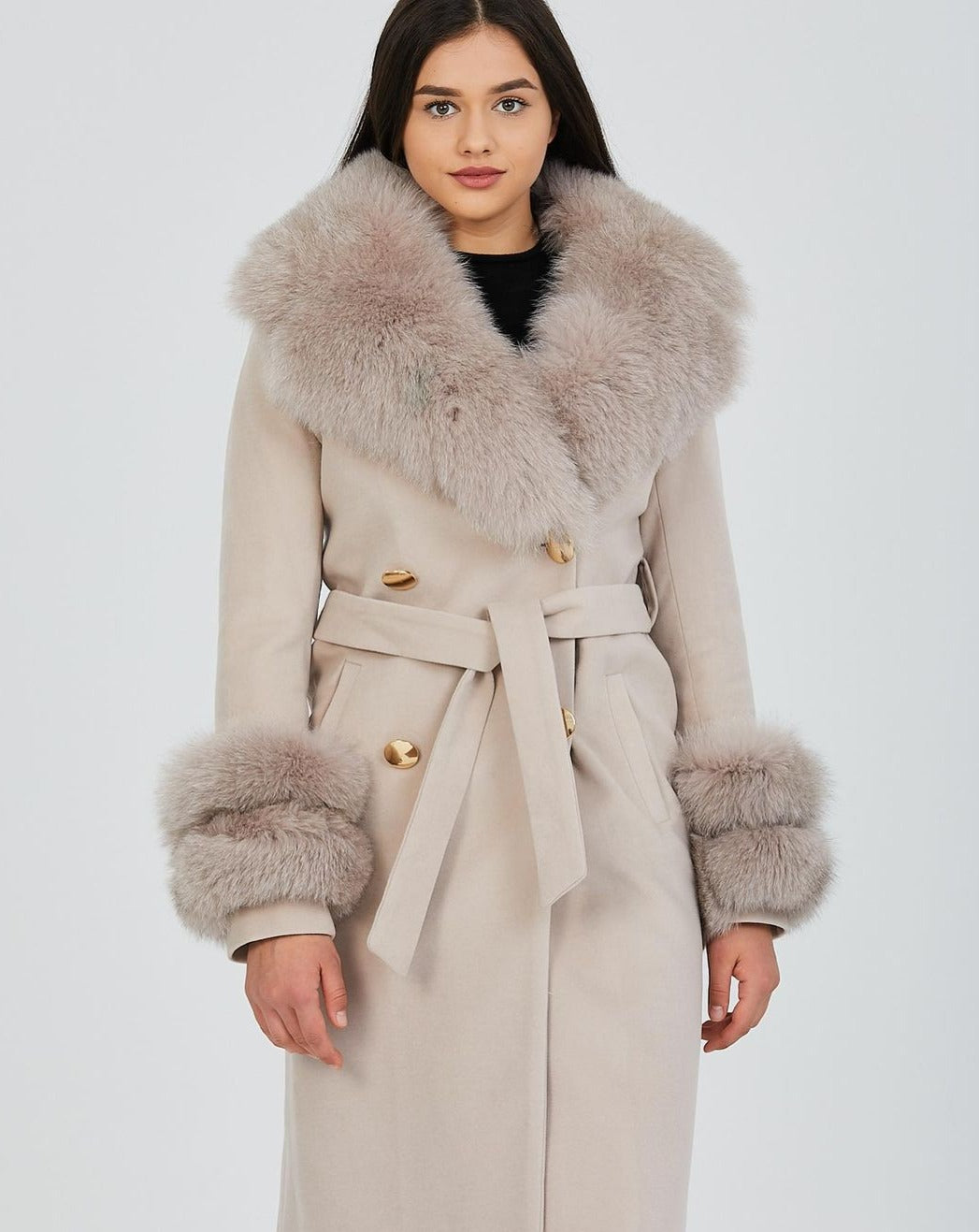 Elegant GLORIA BEIGE Coat with Luxurious Fox Fur Collar and Cuffs