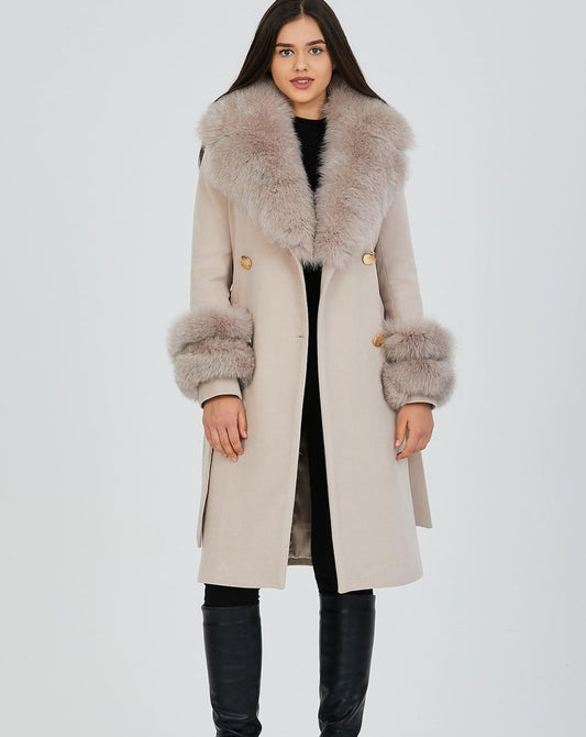 GLORIA BEIGE Cashmere Wool Coat with Detachable Fox Fur Accents