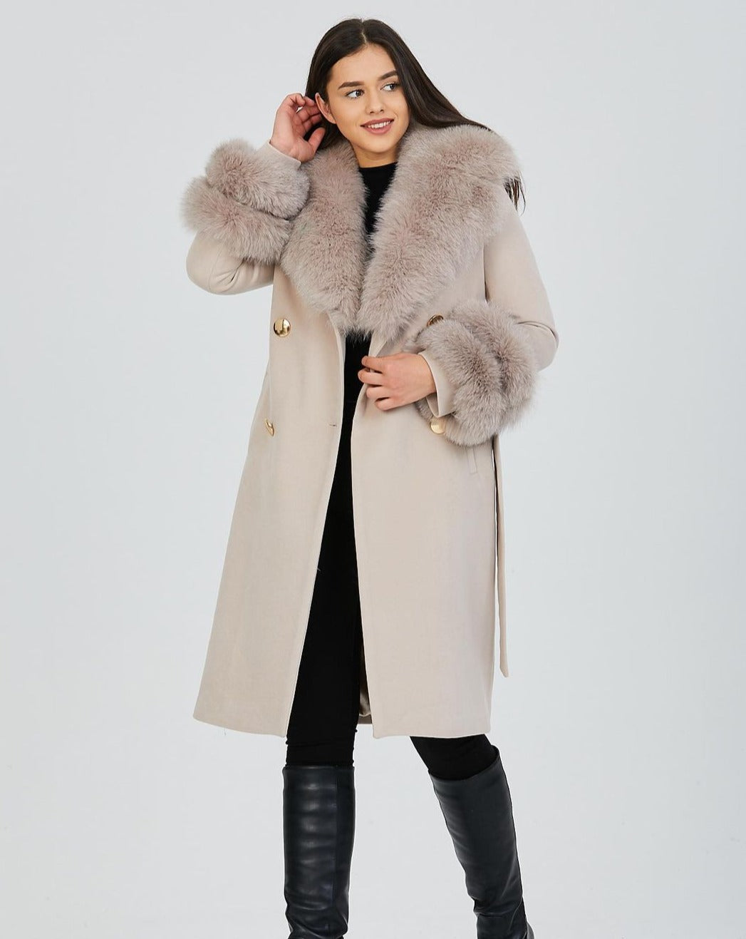 Sophisticated GLORIA BEIGE Coat with Customizable Fox Fur Details