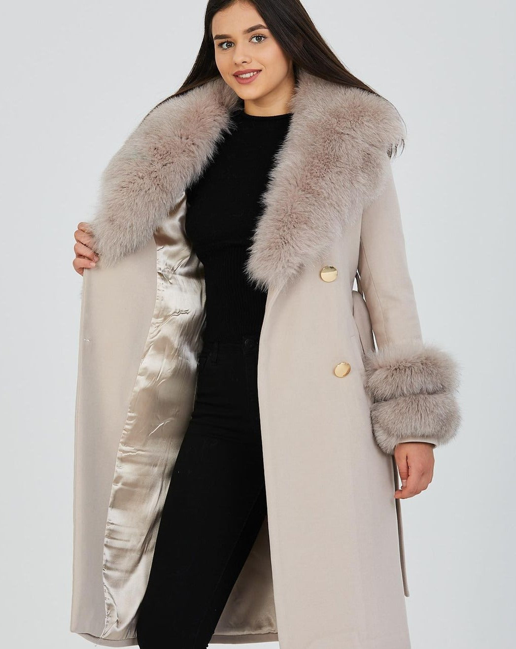 GLORIA BEIGE Cashmere Wool Coat with Detachable Fox Fur Accents