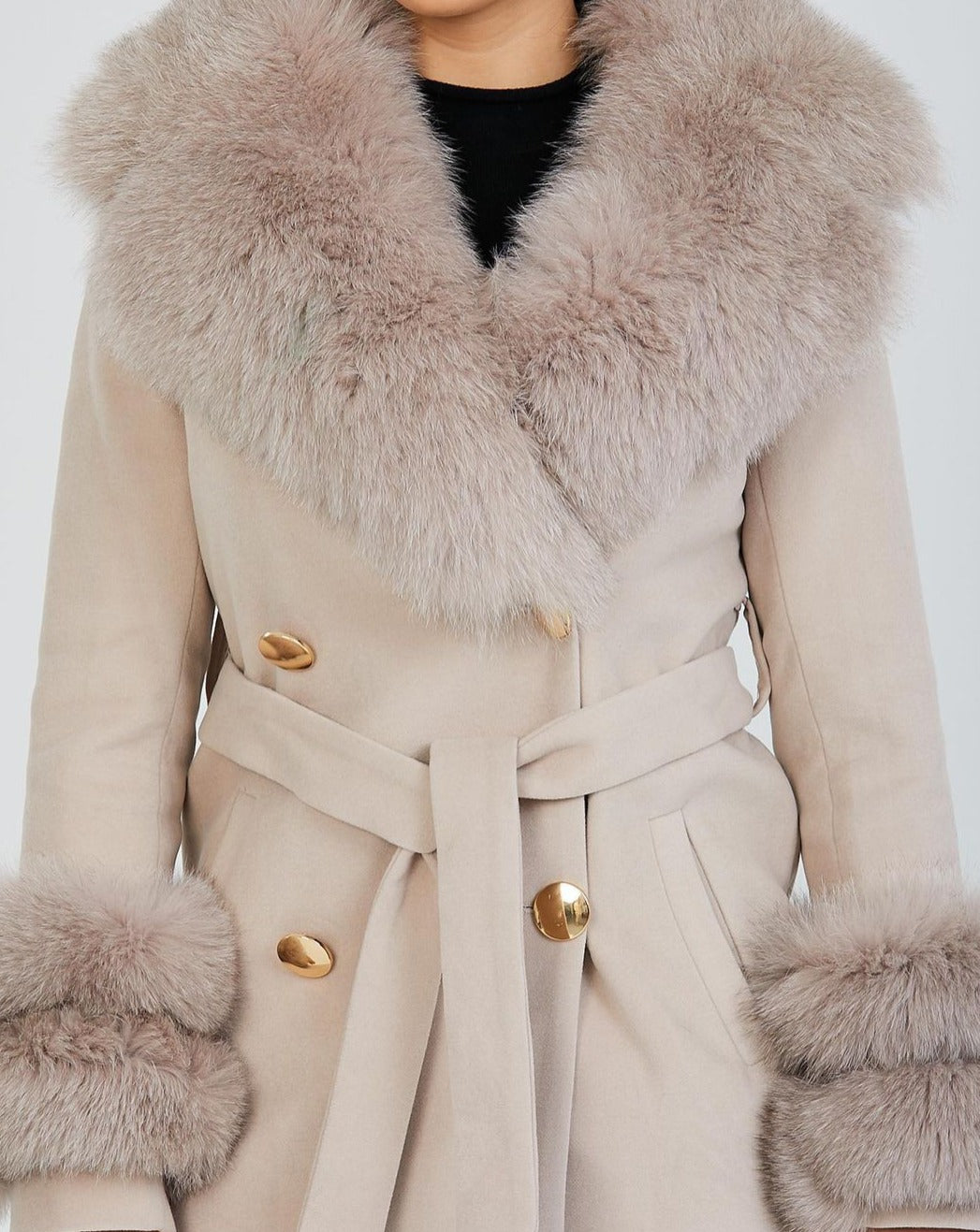 Close up of Elegant GLORIA BEIGE Coat with Luxurious Fox Fur Collar and Cuffs