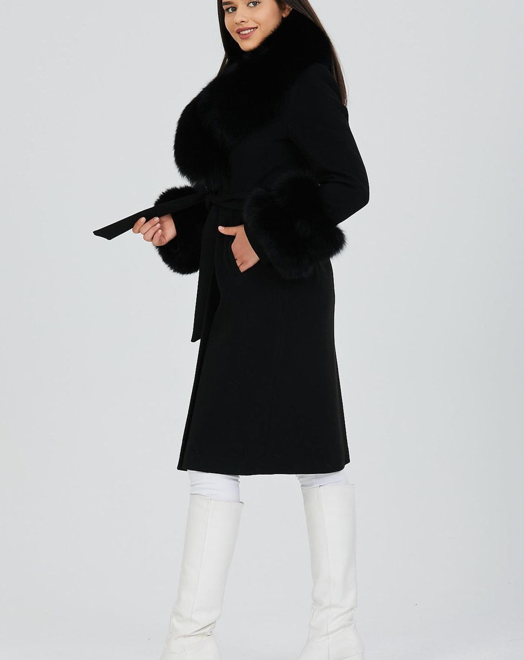 Side profile of Elegant GLORIA BLACK Coat with Luxurious Fox Fur Collar and Cuffs