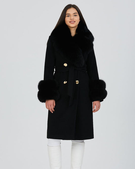 GLORIA BLACK Cashmere Wool Coat with Detachable Fox Fur Accents