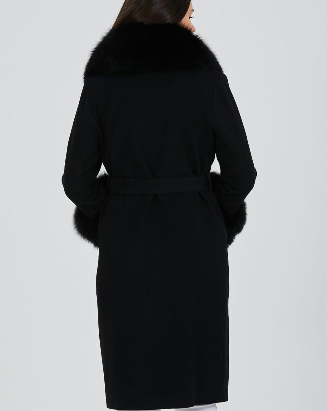 Back of Elegant GLORIA BLACK Coat with Luxurious Fox Fur Collar and Cuffs