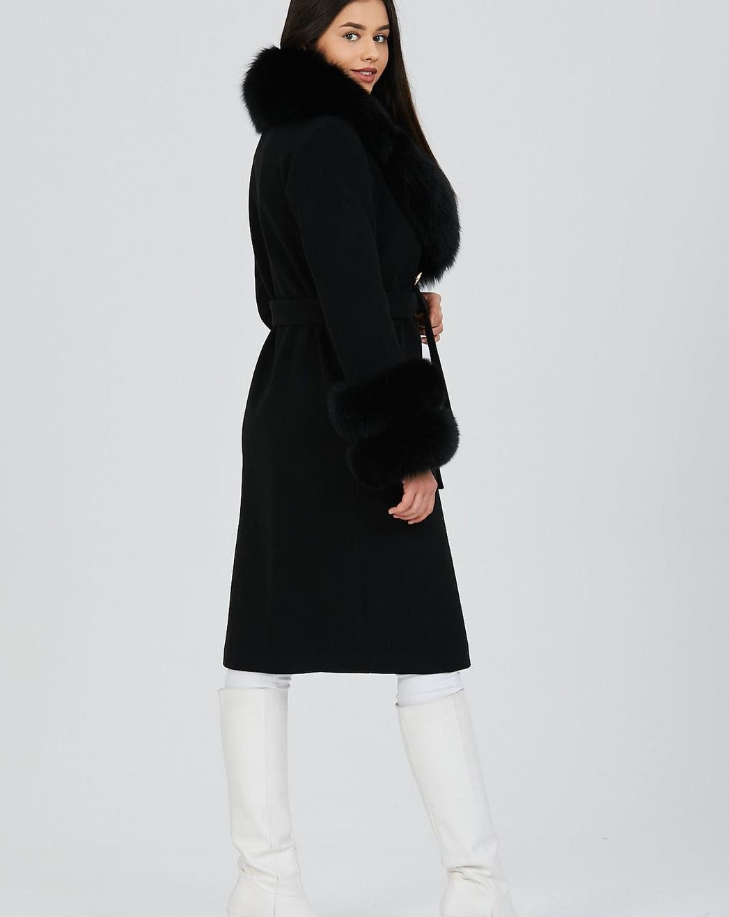 Side picture of Elegant GLORIA BLACK Coat with Luxurious Fox Fur Collar and Cuffs