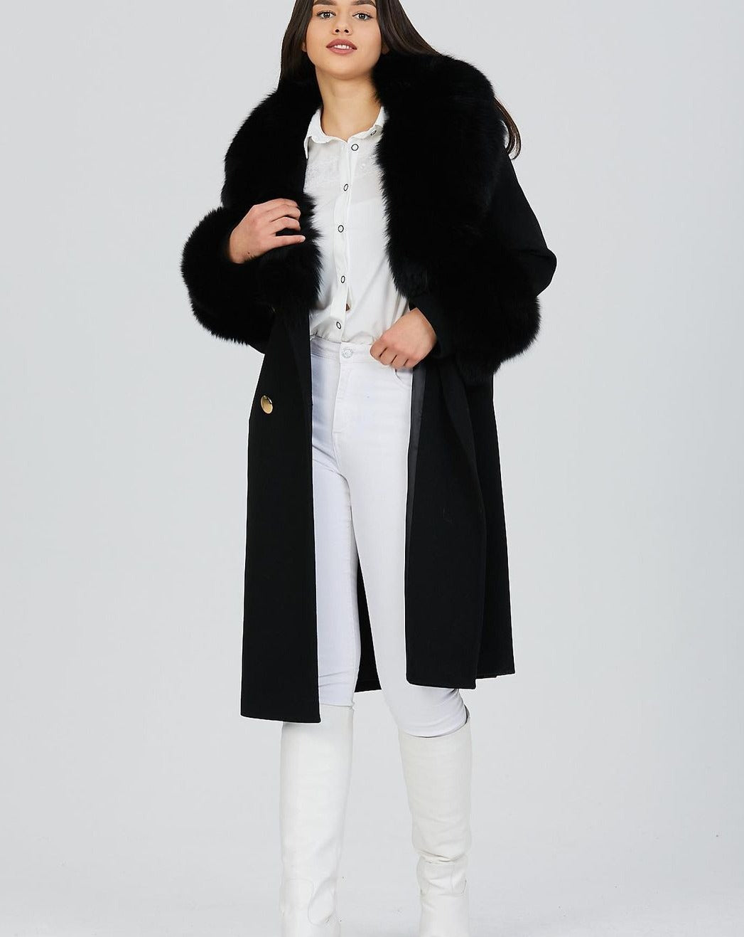 GLORIA BLACK Cashmere Wool Coat with Detachable Fox Fur Collar