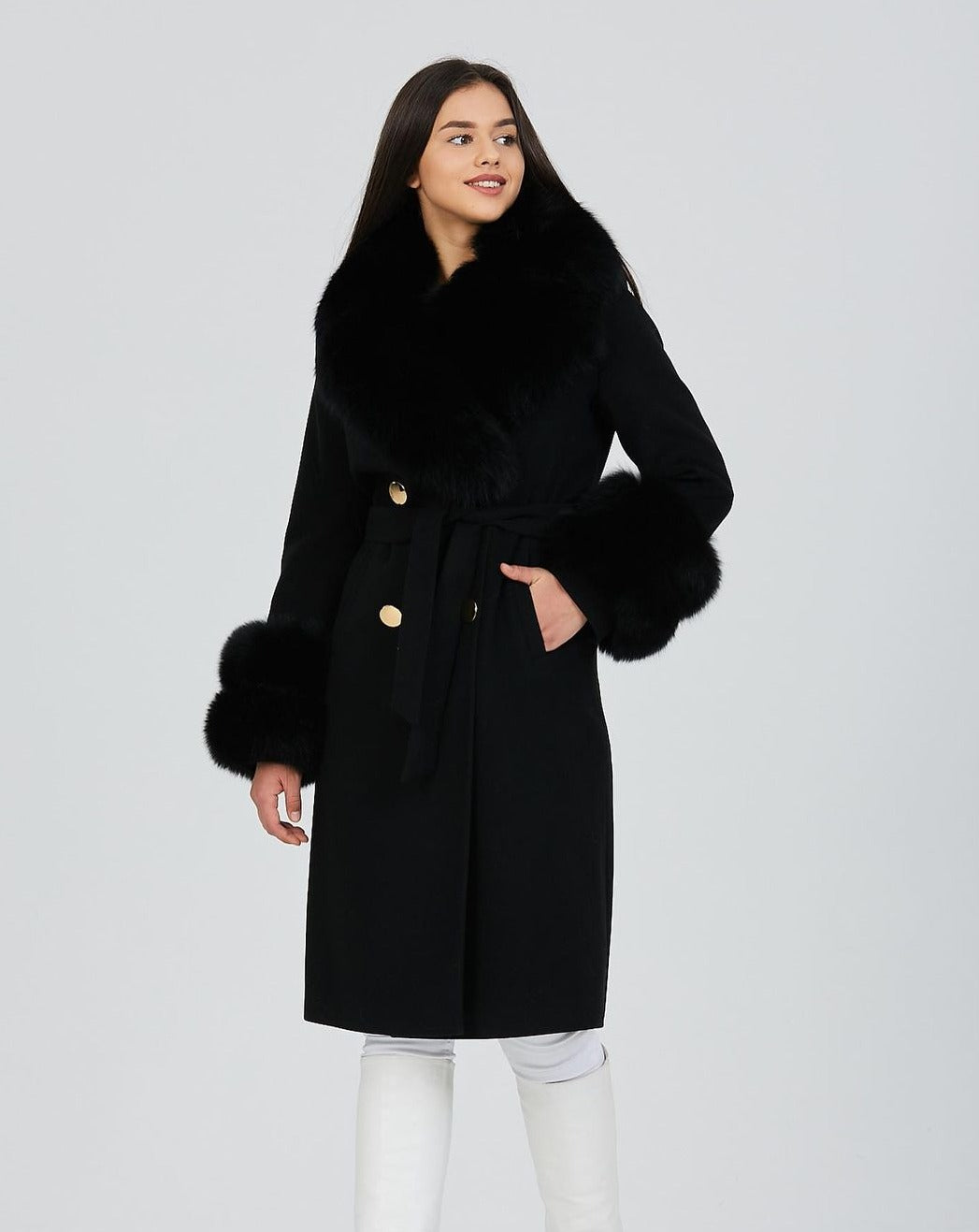 Elegant GLORIA BLACK Coat with Luxurious Fox Fur Collar and Cuffs