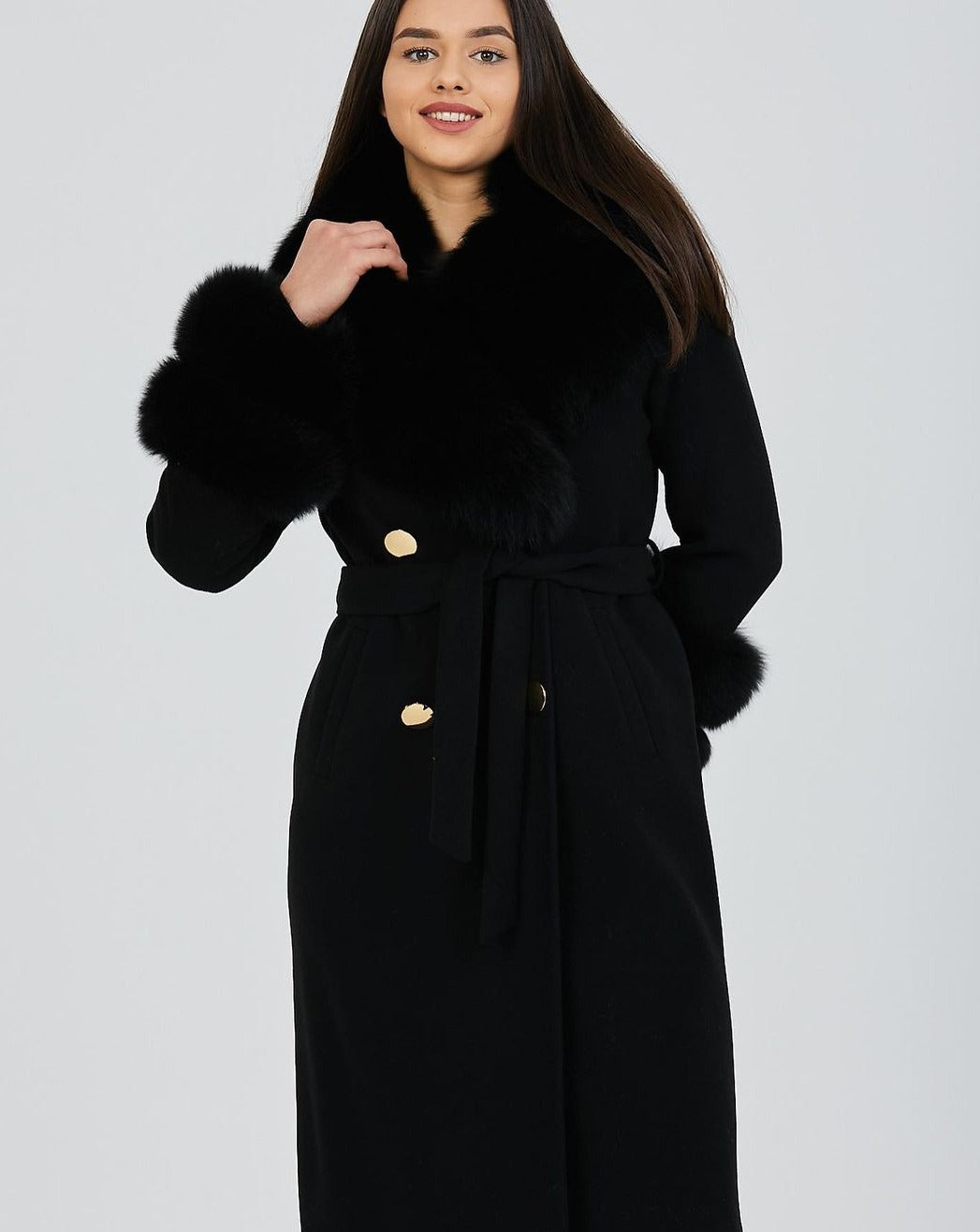 Sophisticated GLORIA BLACK Coat with Customizable Fox Fur Details
