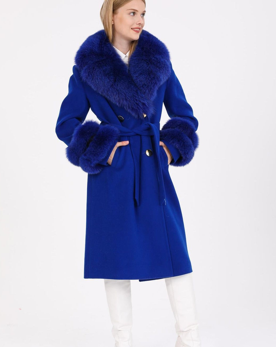 Sophisticated GLORIA BLUE Coat with Customizable Fox Fur Details