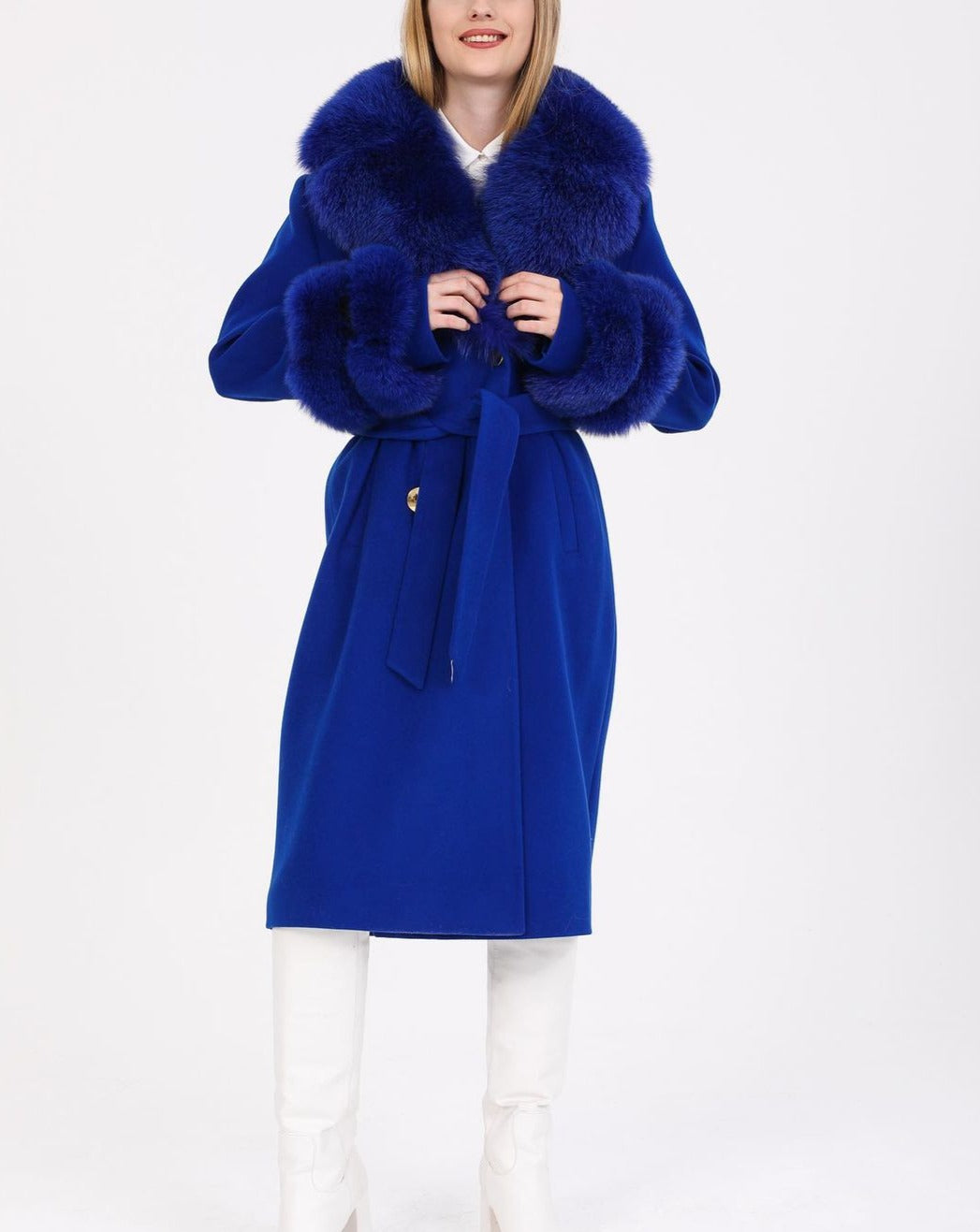 Elegant GLORIA BLUE Coat with Luxurious Fox Fur Collar and Cuffs