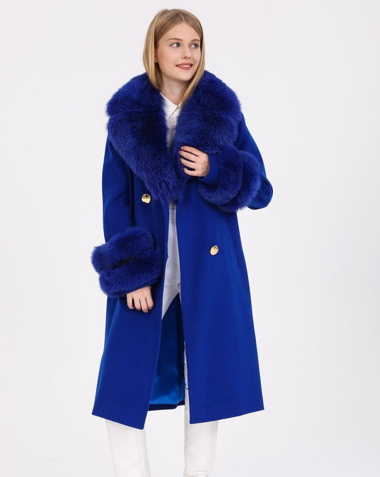 GLORIA BLUE Cashmere Wool Coat with Detachable Fox Fur Accents