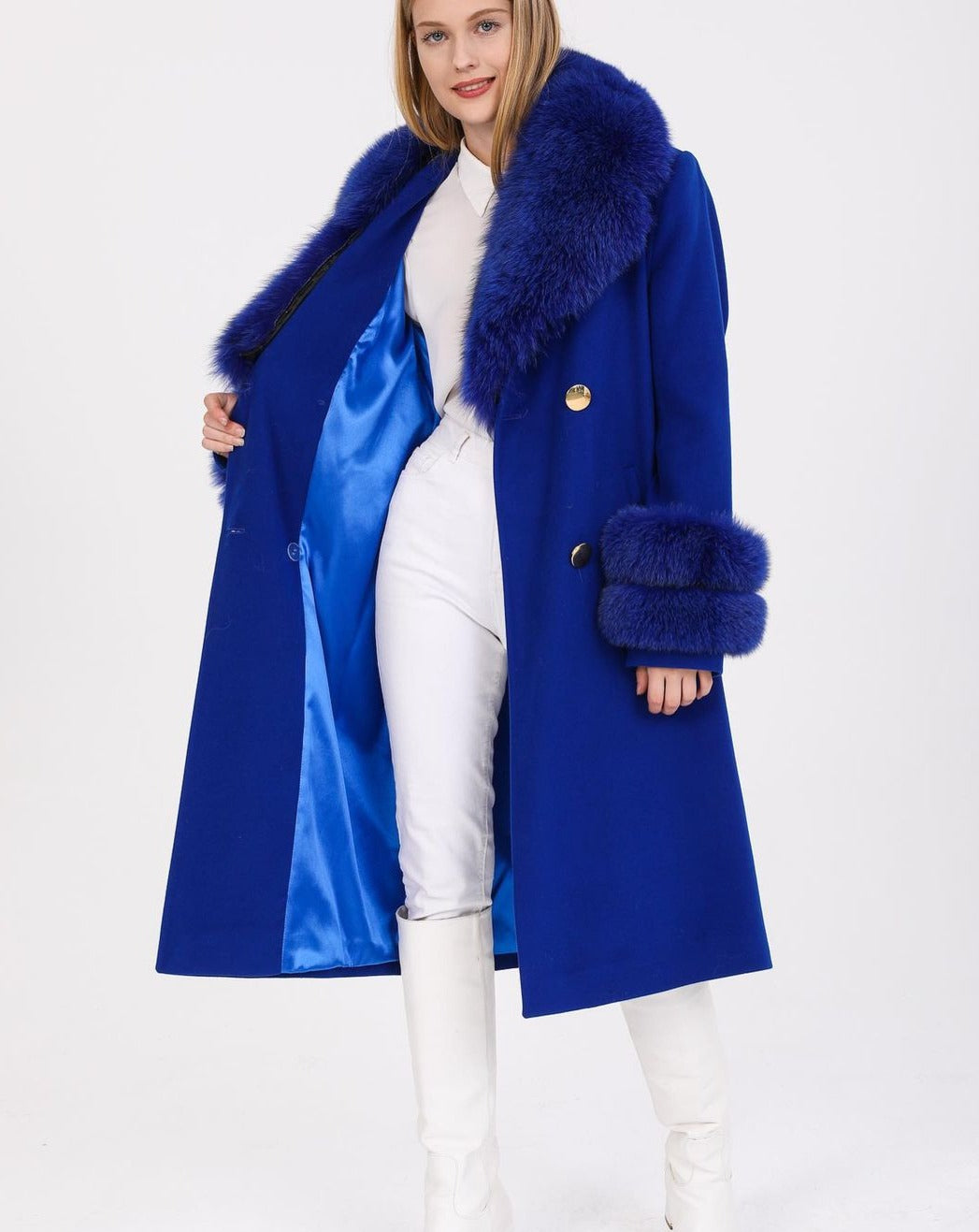 Elegant GLORIA BLUE Coat with Luxurious Fox Fur Collar and Cuffs