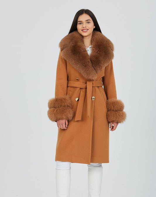 GLORIA CAMEL Cashmere Coat with Detachable Fox Fur Accents