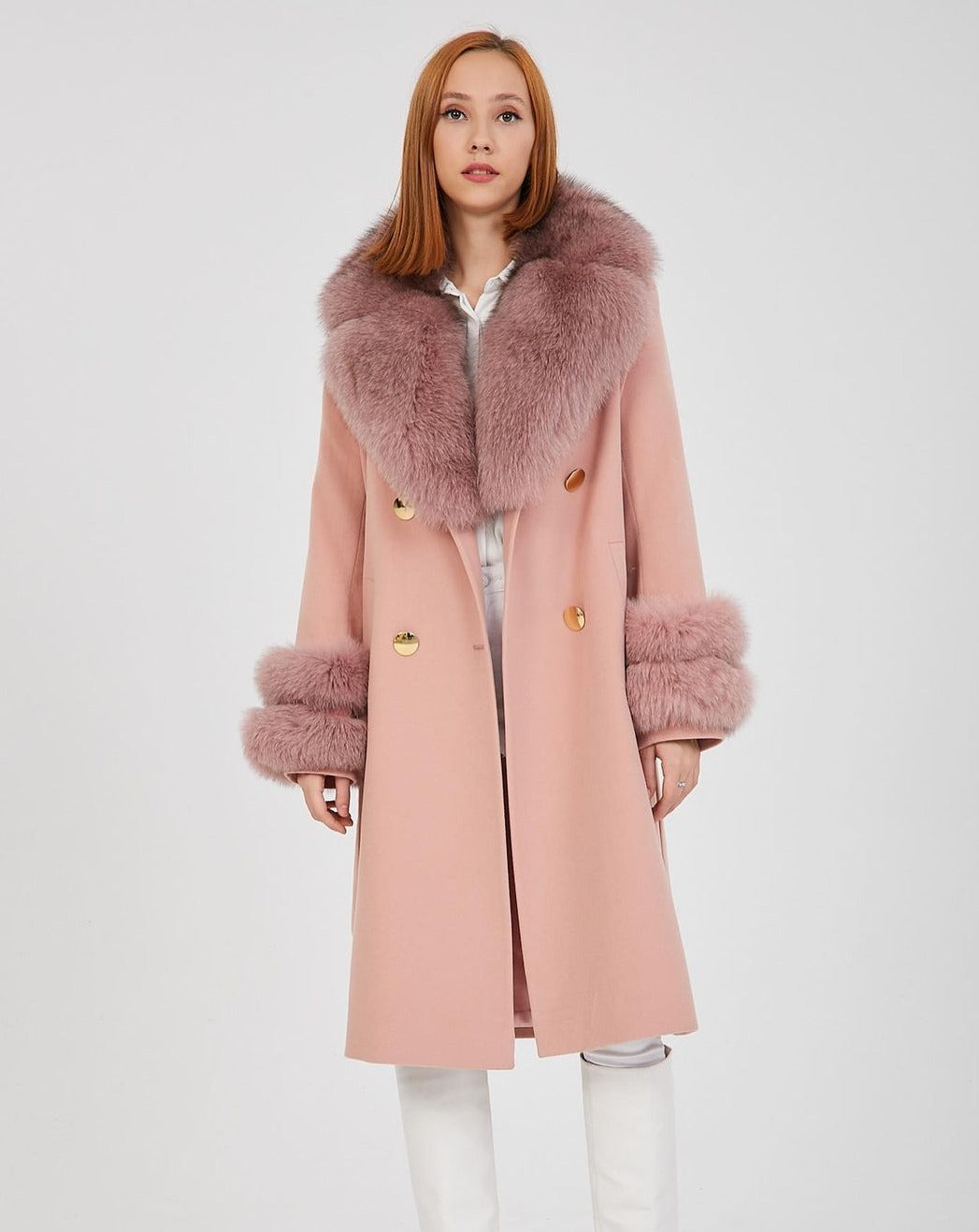 Elegant GLORIA PINK Coat with Luxurious Fox Fur Collar and Cuffs