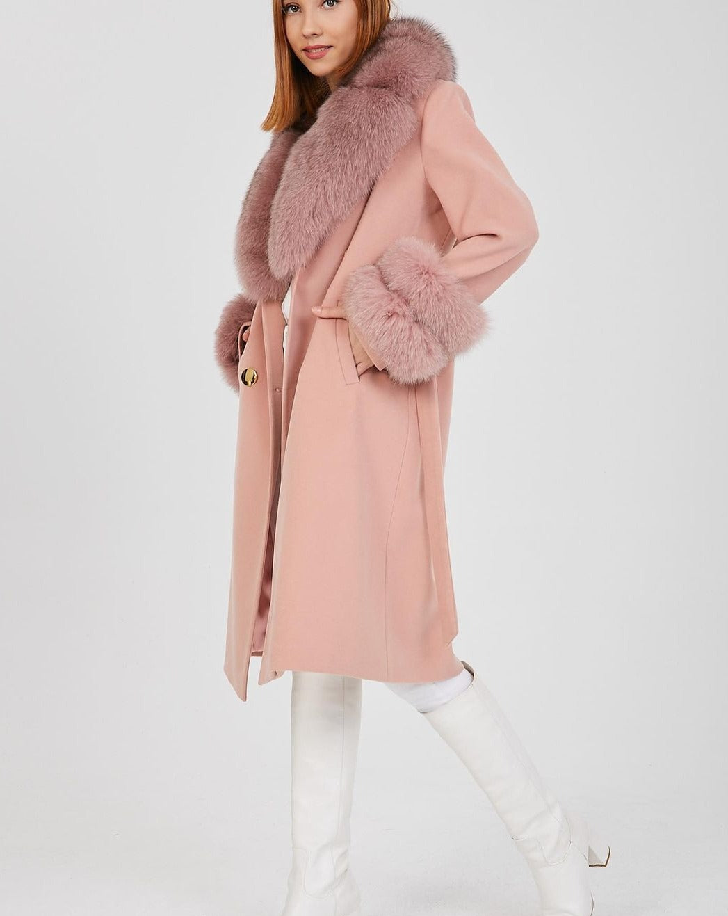 Side of GLORIA PINK Cashmere Coat 