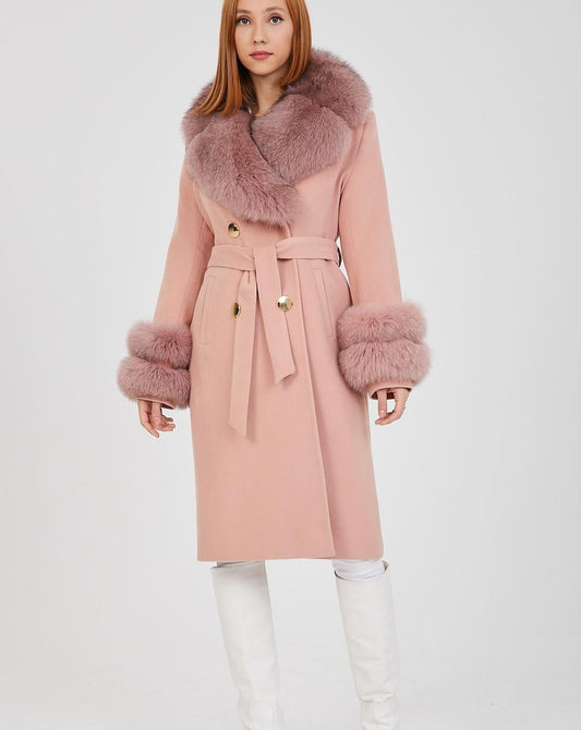 GLORIA PINK Cashmere Coat with Detachable Fox Fur Accents
