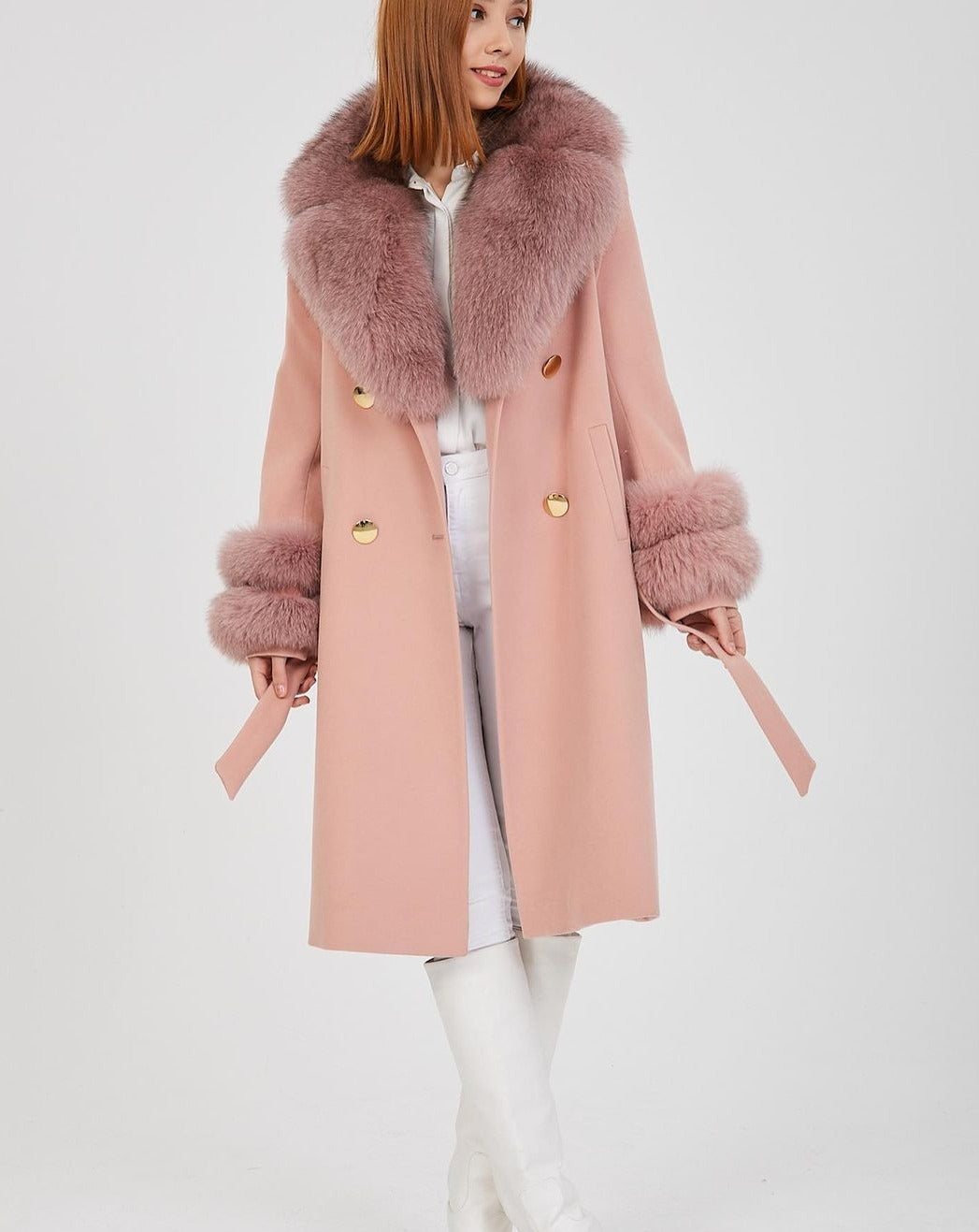 Sophisticated GLORIA PINK Coat with Customizable Fox Fur Details