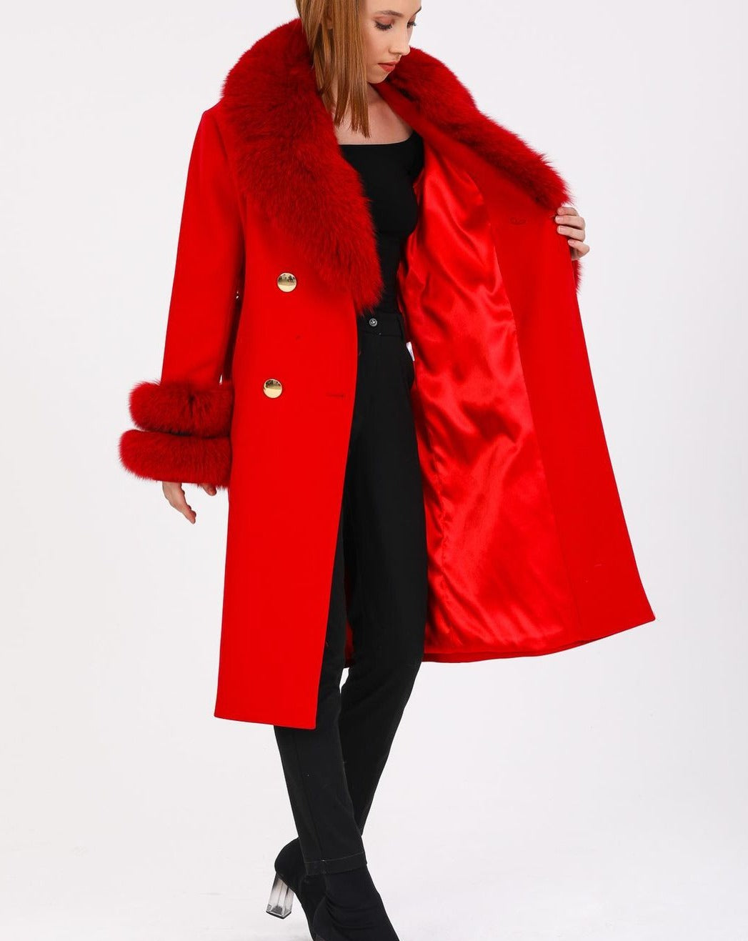 Elegant GLORIA RED Coat with Luxurious Fox Fur Collar and Cuffs