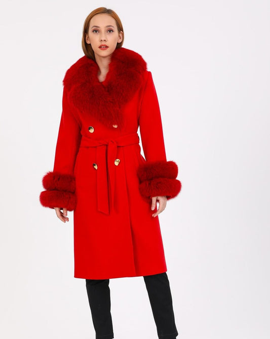 GLORIA RED Cashmere Wool Coat with Detachable Fox Fur Accents
